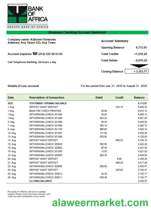 Burundi Bank of Africa bank organization checking account statement Word and PDF format